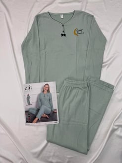 Ç8398 - büyük beden önü dügmeli fitilli pijama takımı - su yeşili 