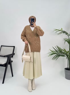 2862 A228+Baklava Desenli Çiçekli Triko Hırka Kahve