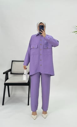 6243-gofre kumaş-pantolonlu tunik takım-lila 