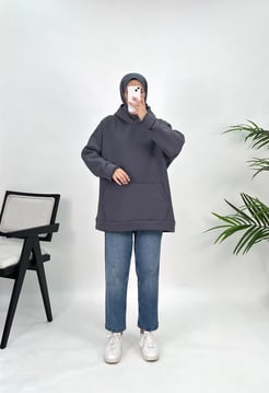 5625 A93+Üç İplik Şardonlu Kapüşonlu Sweatshirt Füme