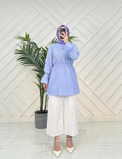 4046 G47+beli ve kolları lastikli kolları ve eteği volanlı gofre kumaş tunik LİLA