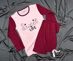 4150 Baskılı Pijama Takımı Pembe-Bordo