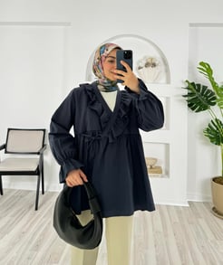 6247-terikoton kumaş-bilek ucu büzgülü önden bağlamalı kimono-lacivert