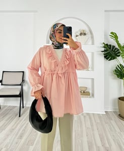 6247-terikoton kumaş-bilek ucu büzgülü önden bağlamalı kimono-pudra