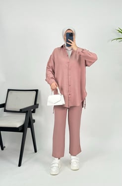 8204 B136 YANI+Keten Kumaş Yanı İp Büzgülü Pantolonlu Takım gül kurusu