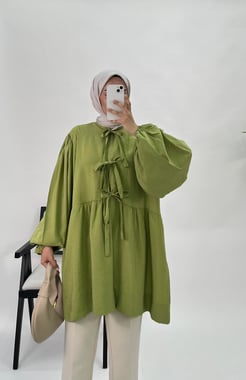 4630-modal kumaş-kolları lastikli önü bağlamalı kimono-fıstık yeşili