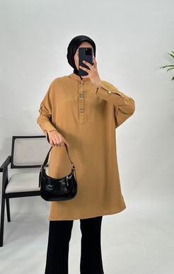 77581-ayrobin kumaş-yarım kareli çıtçıtlı tunik-sütlü kahve