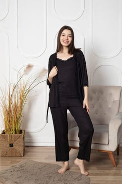 Ç8070 - DANTEL DETAYLI 3LÜ PIJAMA TAKIMI SETİ - SIYAH 