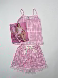 Ç1992 - DANTEL DETAYLI ŞORTLU KARELI PIJAMA TAKIMI - PEMBE 
