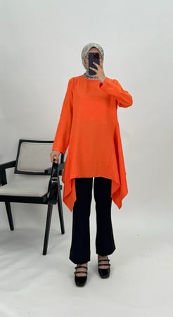 4134 L7+Keten kumaş diz üstü tunik turuncu 