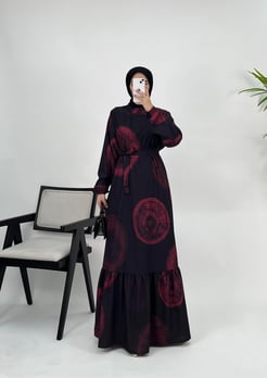 5459-baskılı krep kumaş-kol ucu lastikli elbise-pembe