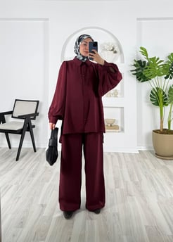 7559-asel zara kumaş-yanları yırtmaçlı pantolonlu takım-bordo