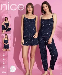Ç2137 - NICE 3LÜ YILDIZ DESENLI PIJAMA TAKIMI SETI - LACIVERT