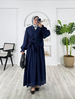 6468-bali kumaş-kol lastikli önden bağlamalı etekli kimono takım-lacivert