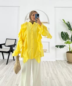 7511-poplin kumaş-fırfırlı kemerli gömlek-sarı