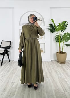 3882-çilek kumaş-yelekli elbise-haki