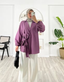 6327-terikoton kumaş-önden bağlamalı kimono-mor