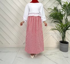 20365 L141+gofre kumaş beli lastikli etek kırmızı