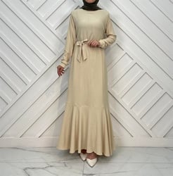 9877-L77 bürümcük kumaş-alt kısmı fırfır detaylı kemerli elbise taş
