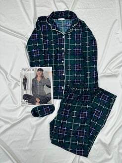 ç5543 Uzun Kollu Gömlek Yaka Pijama Takımı-yeşil çizgili