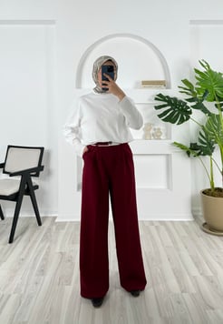 7861-dabıl krep kumaş-bel kısmı şerit detaylı pantolon-bordo