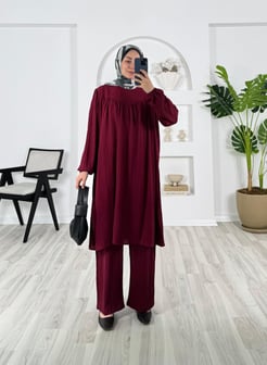 8645-kırınkil kaş kumaş-pantolonlu takım-bordo