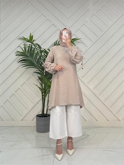 81920 A171+Gofre kumaş-kolları ip bağlamalı-diz altı tunik-taş