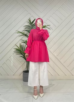 4133 E58+Beli ve kolları lastikli gofre kumaş tunik pembe 