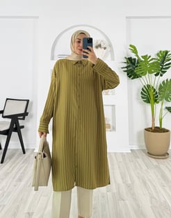 9742-linda kumaş-yanları yırtmaçlı çizgili tunik-yağ yeşili