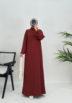 9923 B66+burgu kumaş boğazlı elbise kiremit 