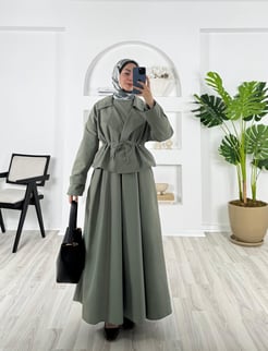 3408-kartepe kumaş-ceketi bağcıklı elbiseli takım-yeşil