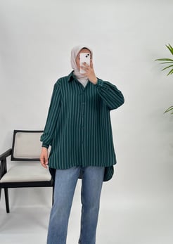 3137-linda kumaş-çizgili tunik gömlek-zümrüt yeşili