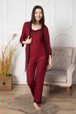 Ç8070 - DANTEL DETAYLI 3LÜ PIJAMA TAKIMI SETİ - BORDO