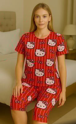 Ç1078 - kısa kollu kapri milan kumaş hello kity pijama takımı - kırmızı 