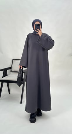 6009-skuba kumaş-kemerli düz model elbise-füme