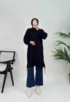 7831 G81+YANLARI BÜZÜLEBİLİR MODEL TRİKO TUNİK SİYAH 