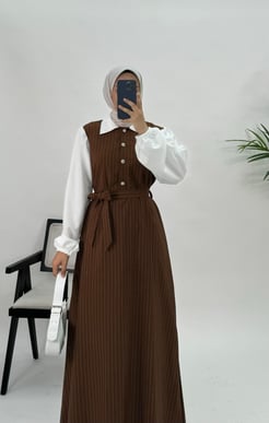 8569-elanor kumaş-yarım düğmeli kemerli çizgili elbise-acı kahve