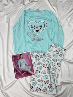 Ç2465 - UZUN KOLLU LOVE PIJAMA TAKIMI - MAVI 