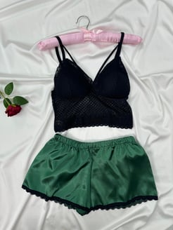 Ç028 - SATEN ŞORTLU BRALET TAKIM DESENLI - ZÜMRÜT YEŞİLİ