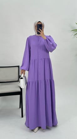 6394-ayrobin kumaş-seyyar kemerli beline kadar düğmeli elbise-lila