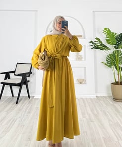 4570 - terikoton kumaş önü baglama detaylı elbise - hardal