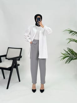 0834 B1 YANII+Sukuba Krep Kumaş Dilli Cepli Şalvar Pantolon Gri