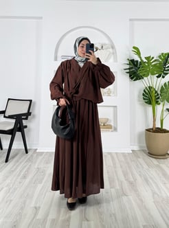 6468-bali kumaş-kol lastikli önden bağlamalı etekli kimono takım-acı kahve