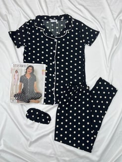 Ç6234 Gömlek Yaka Kısa Kollu Noktalı Pijama Takımı Sİyah-Beyaz