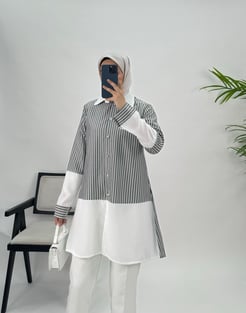 6172-poplin kumaş-çizgili düğmeli tunik-gri