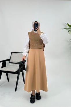 1147-skuba kumaş-mevlana model etek-sütlü kahve