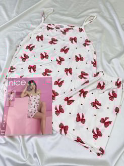 Ç4880-milan kumaş ip askılı kırmızı fiyonklu şortlu pijama takımı beyaz 
