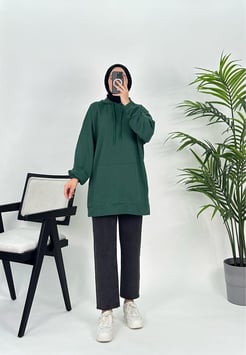 2349 G71+iplik kumaş KAPŞONLU TUNİK yeşil