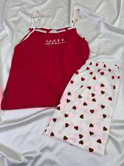Ç4811 - milan kumaş ip askılı kalpli pijama takımı - kırmızı