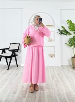 8526-çilek kumaş-yandan bağlamalı etekli takım-pembe